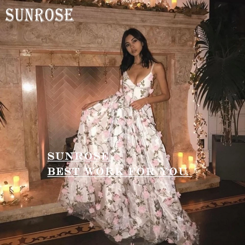 SUNROSE ثلاثية الأبعاد الزهور الأزهار فساتين الزفاف السباغيتي الأشرطة عارية الذراعين ألف خط الرعوية زي العرائس حديقة فستان عروس مخصص