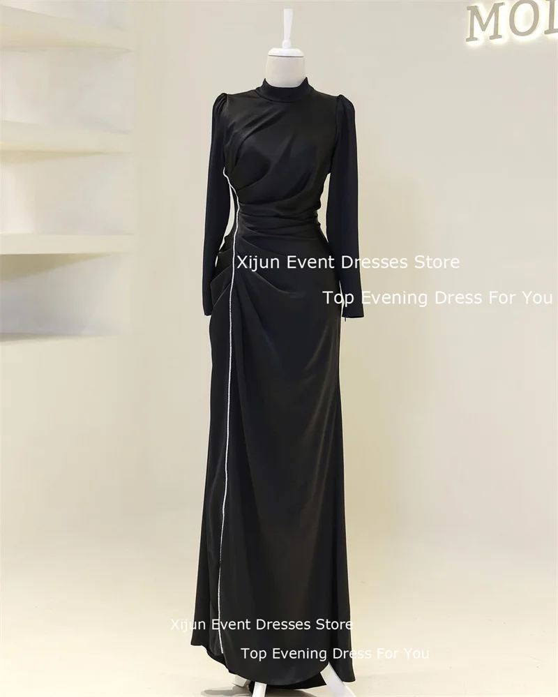 Xijun Modest Arabic Women Evening Dresses Long Sleeves High Neck Silk Satin Pleats Formal Occasion Prom Dress Party Gowns 2024