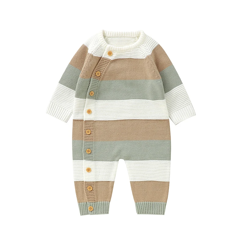 

Baby Girl Boy Sweater Romper Striped Crew Neck Long Sleeve Full Length Jumpsuit for Fall Winter