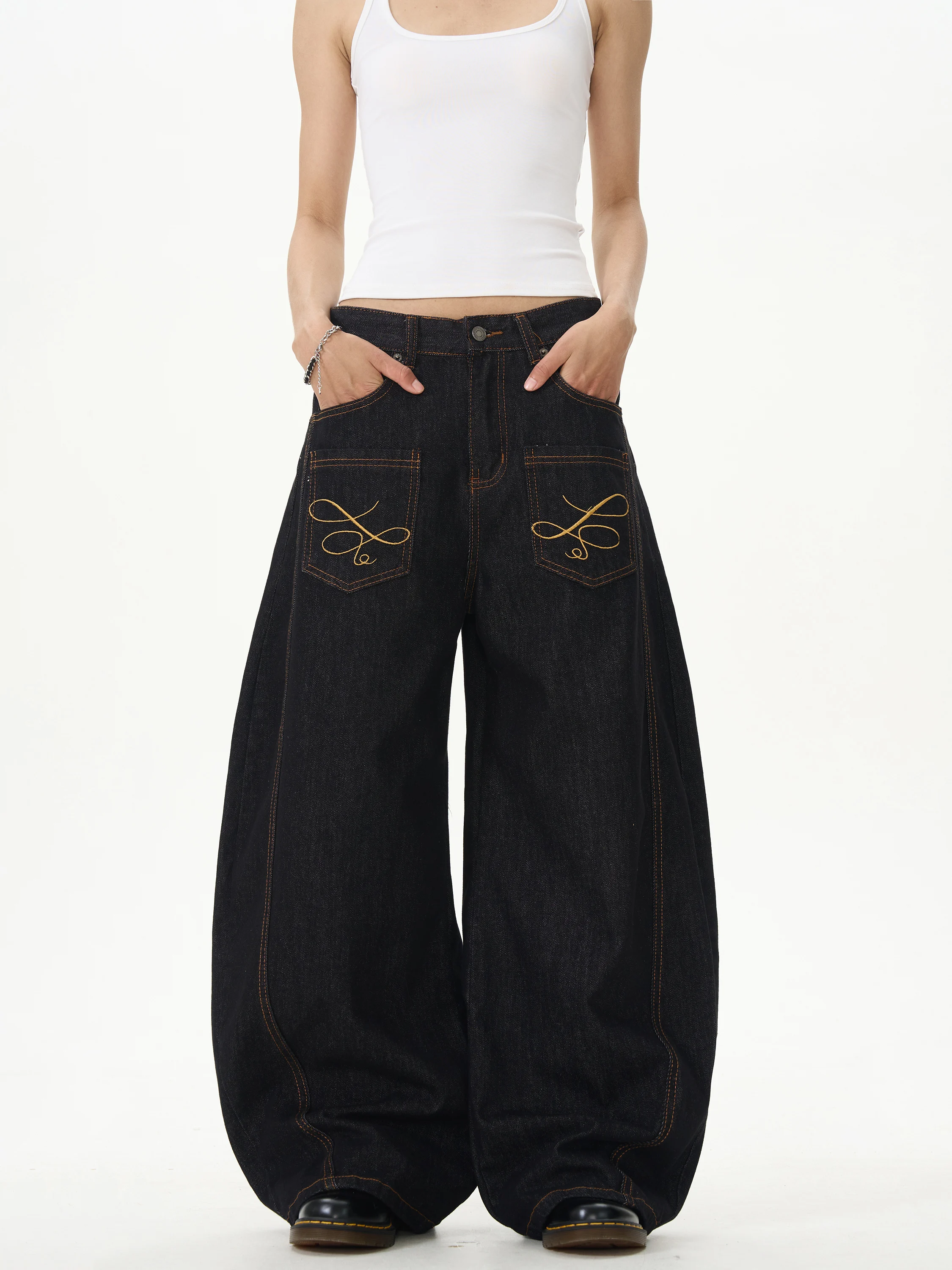 アメリカンレトロアイランドナイフデニムジーンズメンズレディースルーズフィットカジュアルストレートレッグジーンズブラ刺繍ワエドアウトスレ