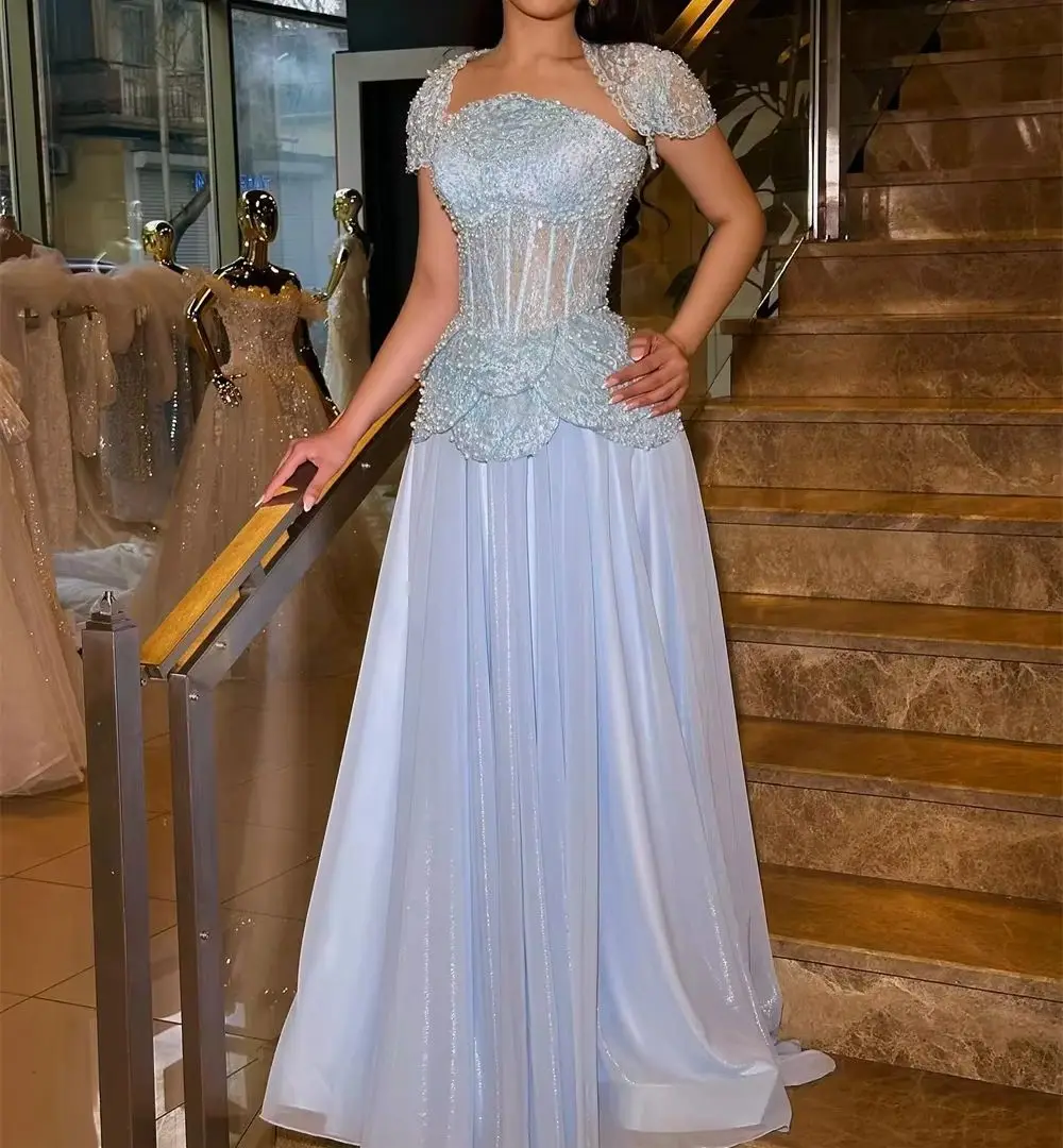 

Blue Lace Beading Prom Dresses Sequins Wedding Party Dress vestidos de noiva Floor-Length Customized Evening Dress 2025