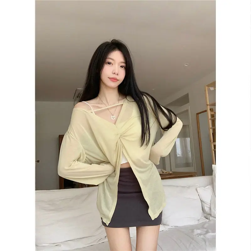 Summer Irregular Ice Silk Loose Two outfits Tops V-neck Sexy Seductive Oversized T-Shirts New Korean Style Casual Cool Pullovers