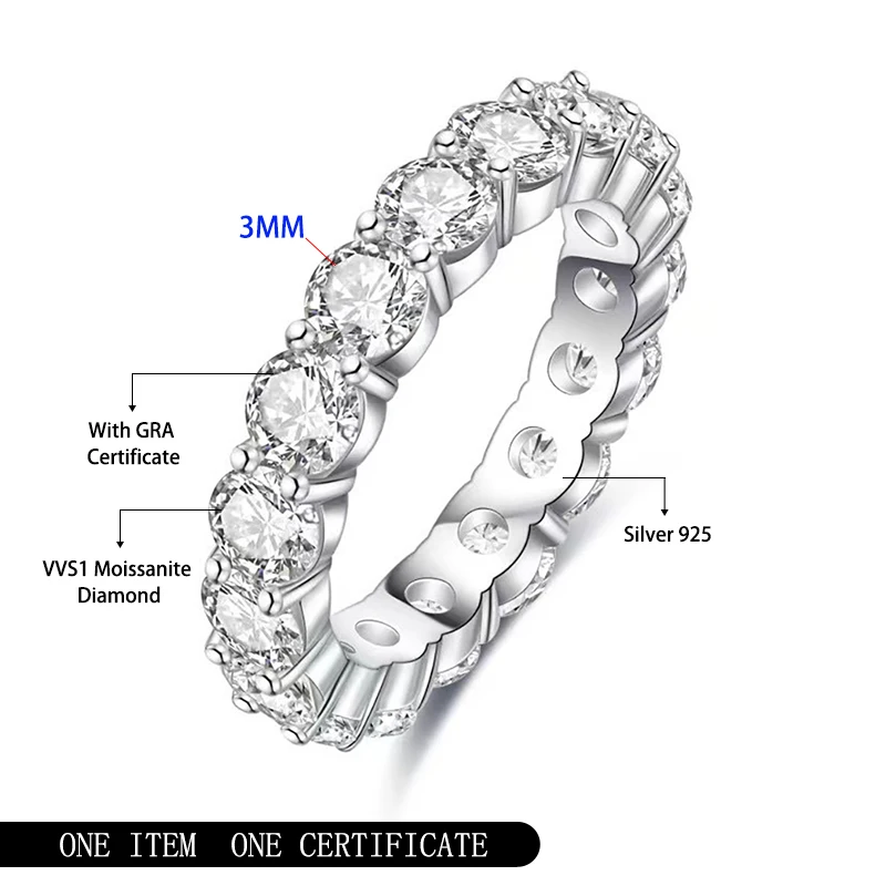 Full Moissanite Ring For Women Sparkling Wedding Party S925 Sterling Silver Plated 18K Jewelry Classic Rings D Color  VVS1 GRA