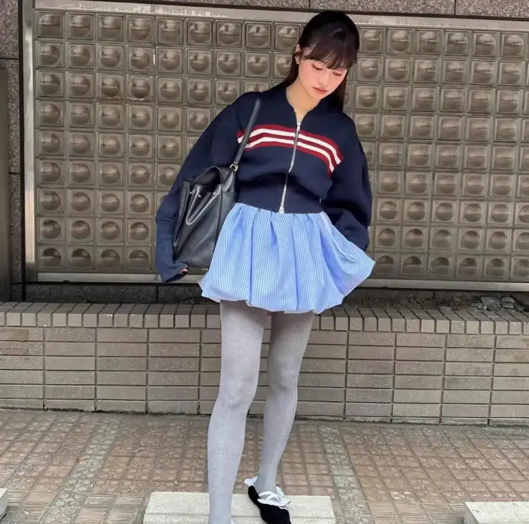 

2026 New Spring Japanese Style Blue Stripes Bud Skirt High Waist Female Casual Short Mini Skirt Culottes