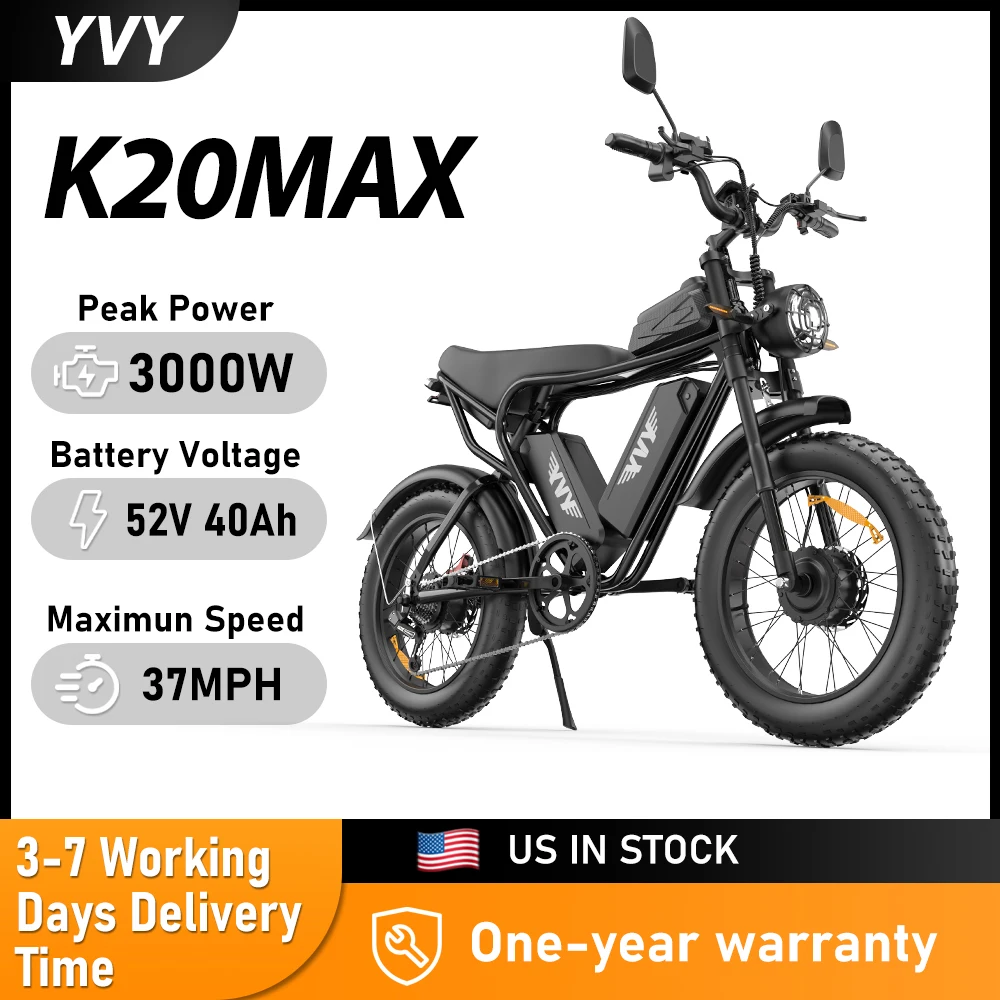 

Электрический велосипед YVY K20MAX 3000W для взрослых, скорость 37 миль/ч, запас хода 180 миль, 52В 40Ач, электрический мотоцикл для бездорожья, горный велосипед с 20-дюймовыми широкими шинами