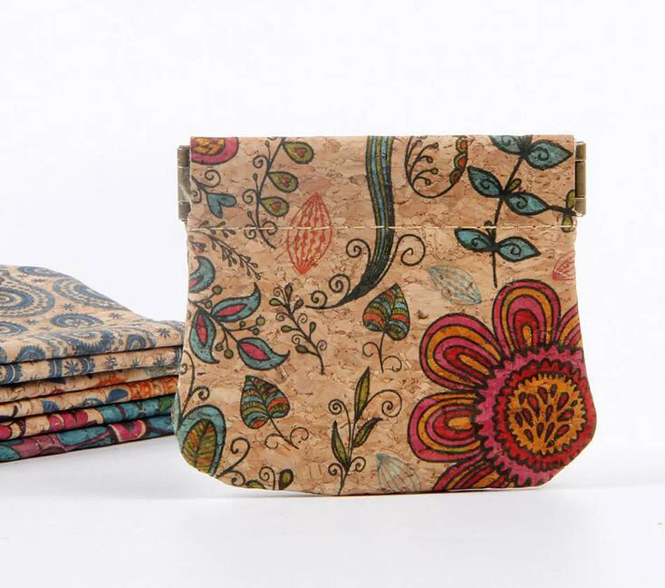

random color Coin Purses Women Cork Leather Flower Light Protable Ear Line Open Storage Bag