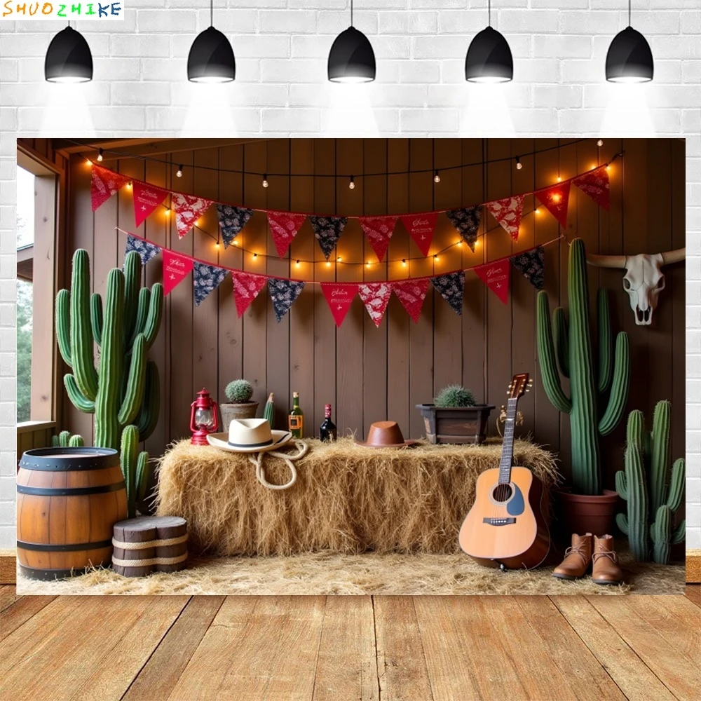 Western Party Photography Backdrop Cactus Haystack Guitar Boots West Cowboy Birthday Party Photo Background Decor Photostudio