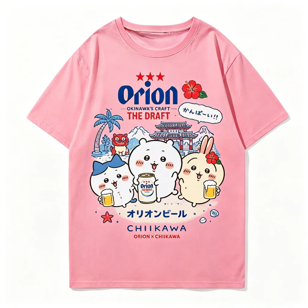 Kawaii Anime Sommerurlaub Ästhetik Chiikawa Orion Bier Okinawa Kollaborations-Print Baumwolle Herren Damen Universelles Rundhals-T-Shirt – Detail 7