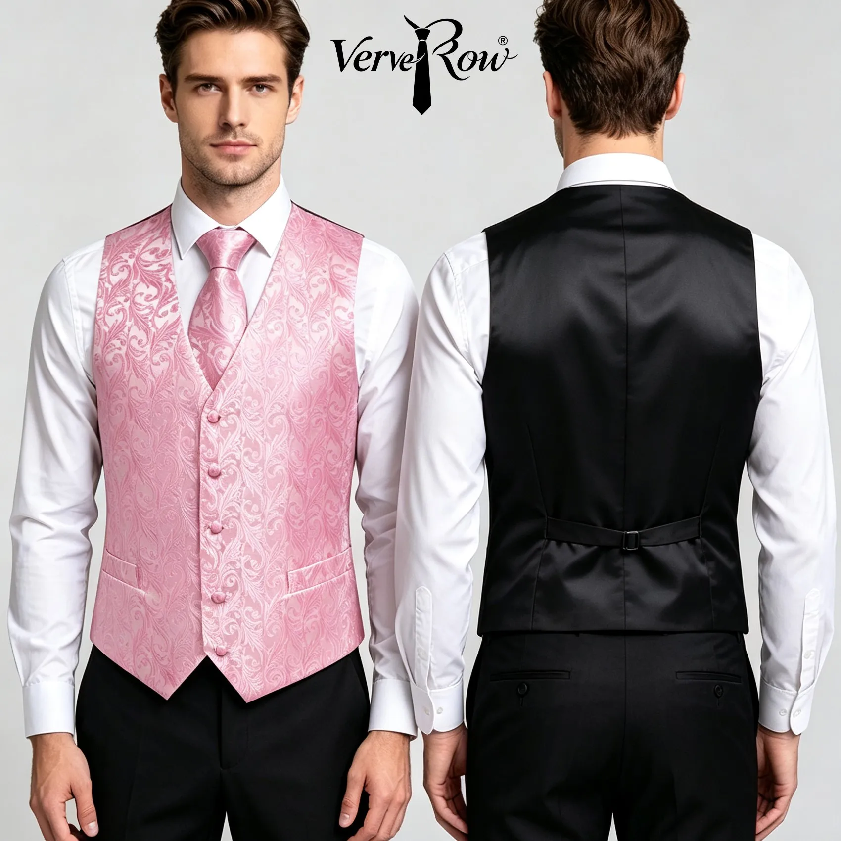 Pink Jacquard Vest Tie Pocket Square 3Pcs Set Men Formal Accessory For Wedding Business Party Daily Office Matching Outfit