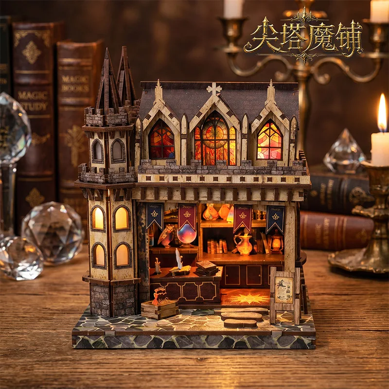 Diy 3D Wooden Puzzle Magic Castle Miniature House Book Nook Model With Led Light Home Decoration Craft Gift