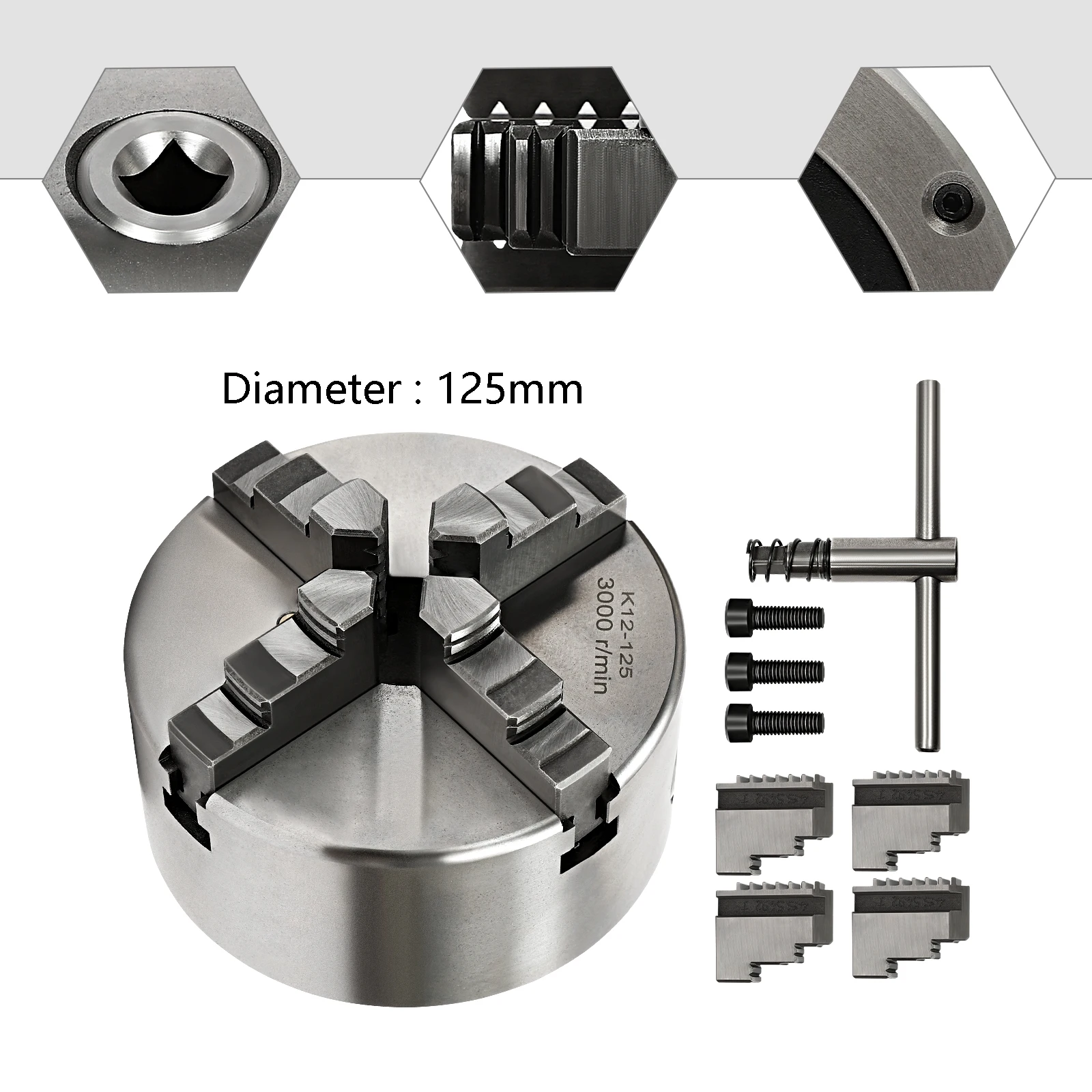 Mandrin de tour manuel autocentrant indépendant à 4 mors de 125 mm avec jeu de mors internes et externes pour tour mécanique