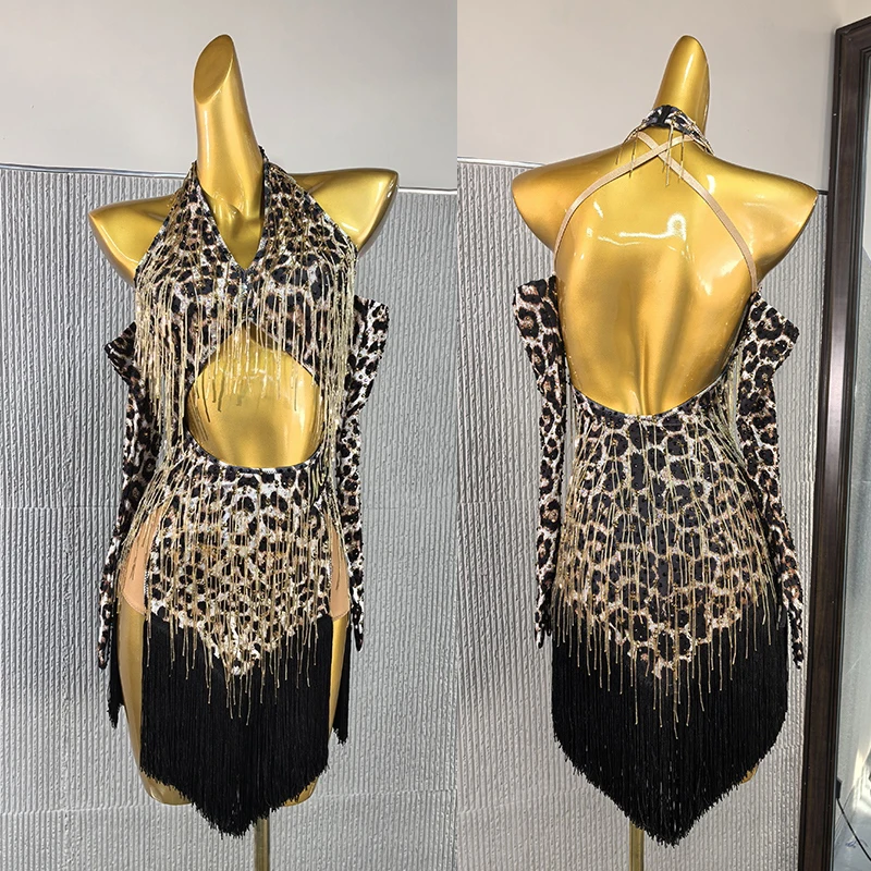 2025 Leopard Print Latin Dance Competition Dress Women Fringe Dress Cha Cha Rumba Performance Costume Prom Dance Dress DNV22443