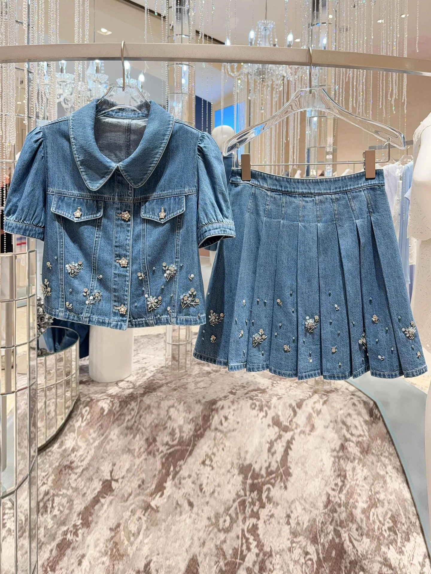 

High-End Summer 2026 Women's Fashion Set Diamond-Embroidered Denim Shirt Top Pleated Skirt Ensemble Regular Fit Commute ...