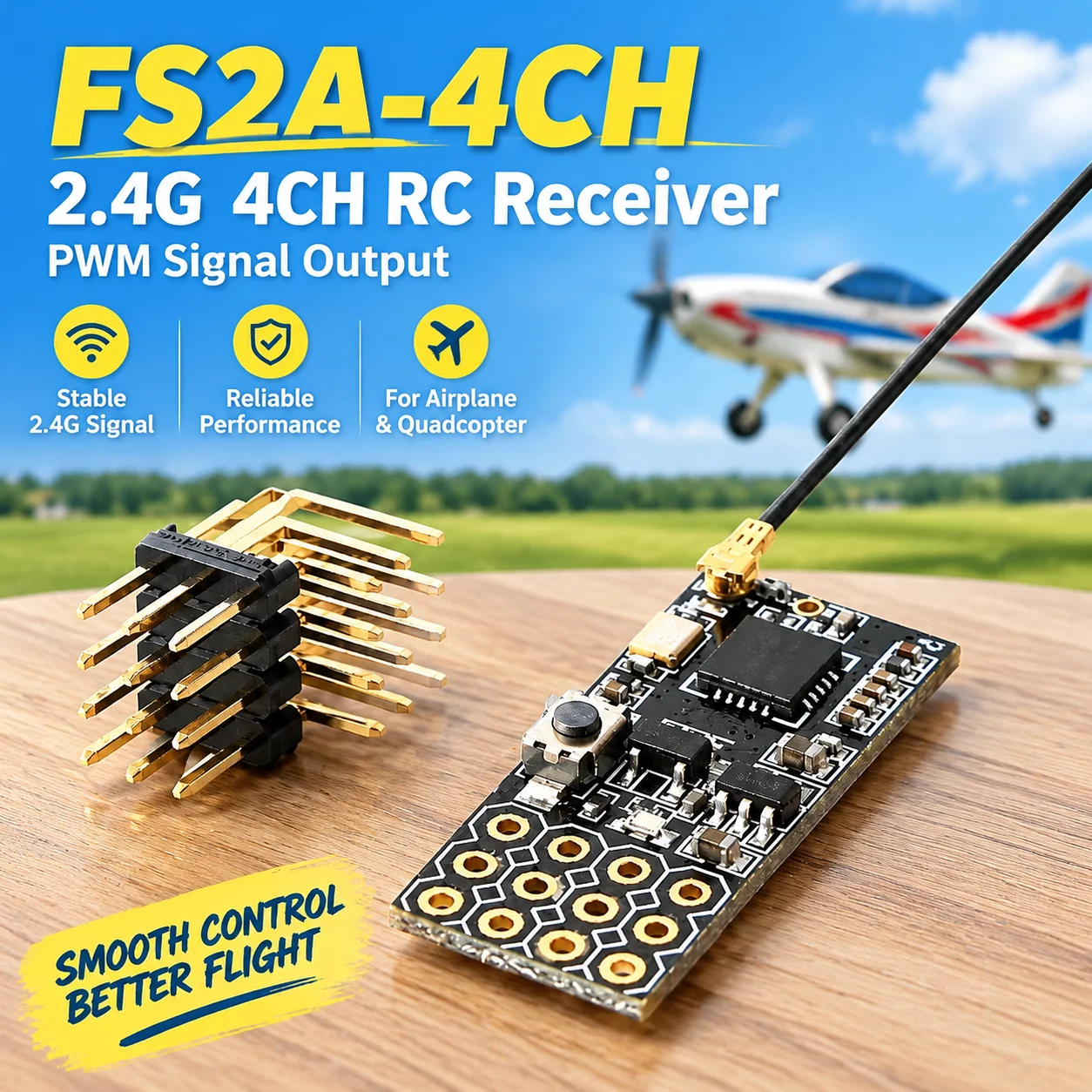 FS2A-4CH 2.4G 4CH RC Receiver PWM Signal Output 4 Channel Radio for Fixed Wing Airplane RC Model Aircraft Quadcopter
