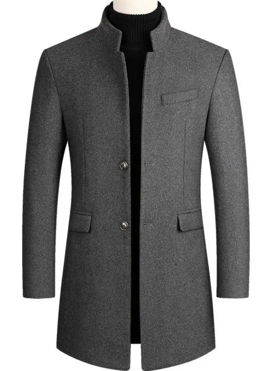 Niqiu Winter Men's Woolen Coat Medium Length Thickened Cotton Added Men's Outerwear Stylish Slim Fit Daily Wear PU Material