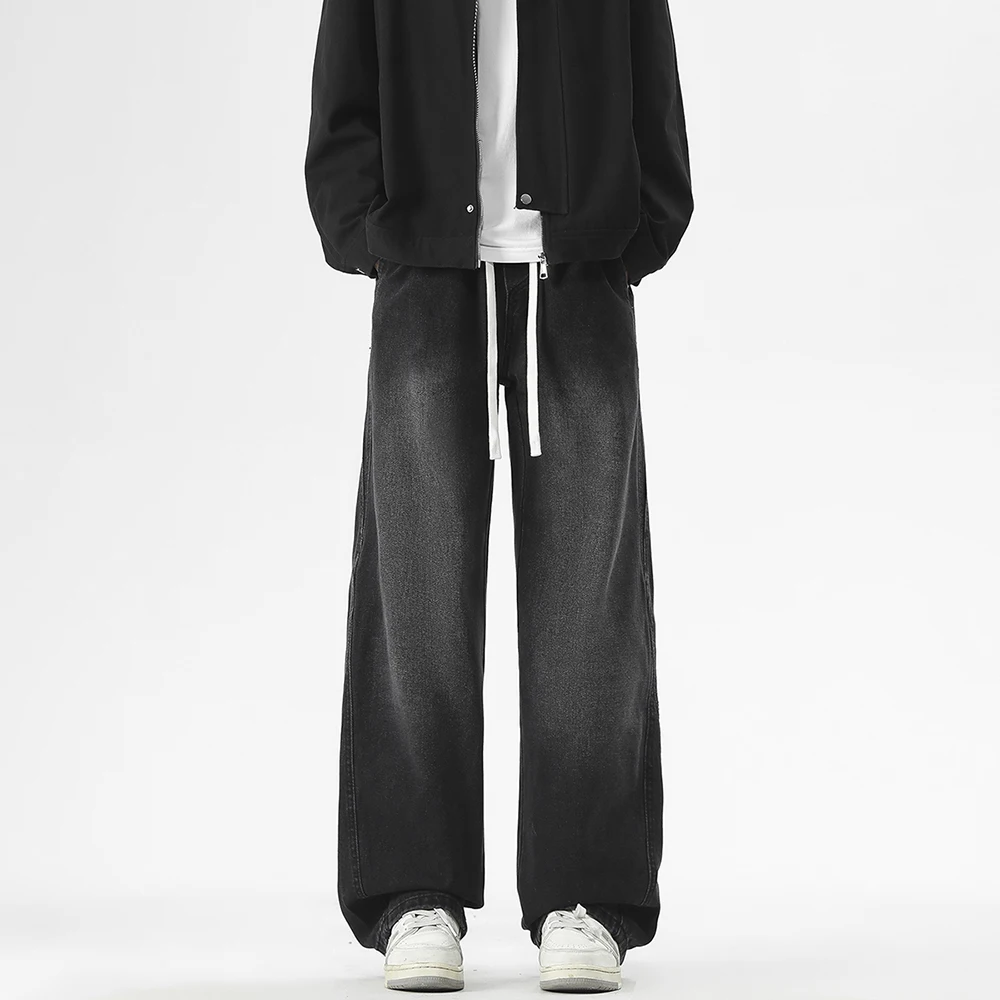 الكورية الشارع الرجال الجينز المألوف فضفاض مستقيم واسعة الساق السراويل للمراهقين أبيض رمادي الدنيم في الهواء الطلق الهيب هوب سراويل تقليدية