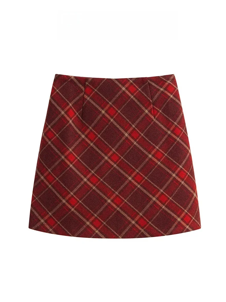 

Retro Red Plaid Woolen Skirt Women's High Waist A-Line f Body Skirt Autumn Winter Small Size High Waist Wrap Skirt