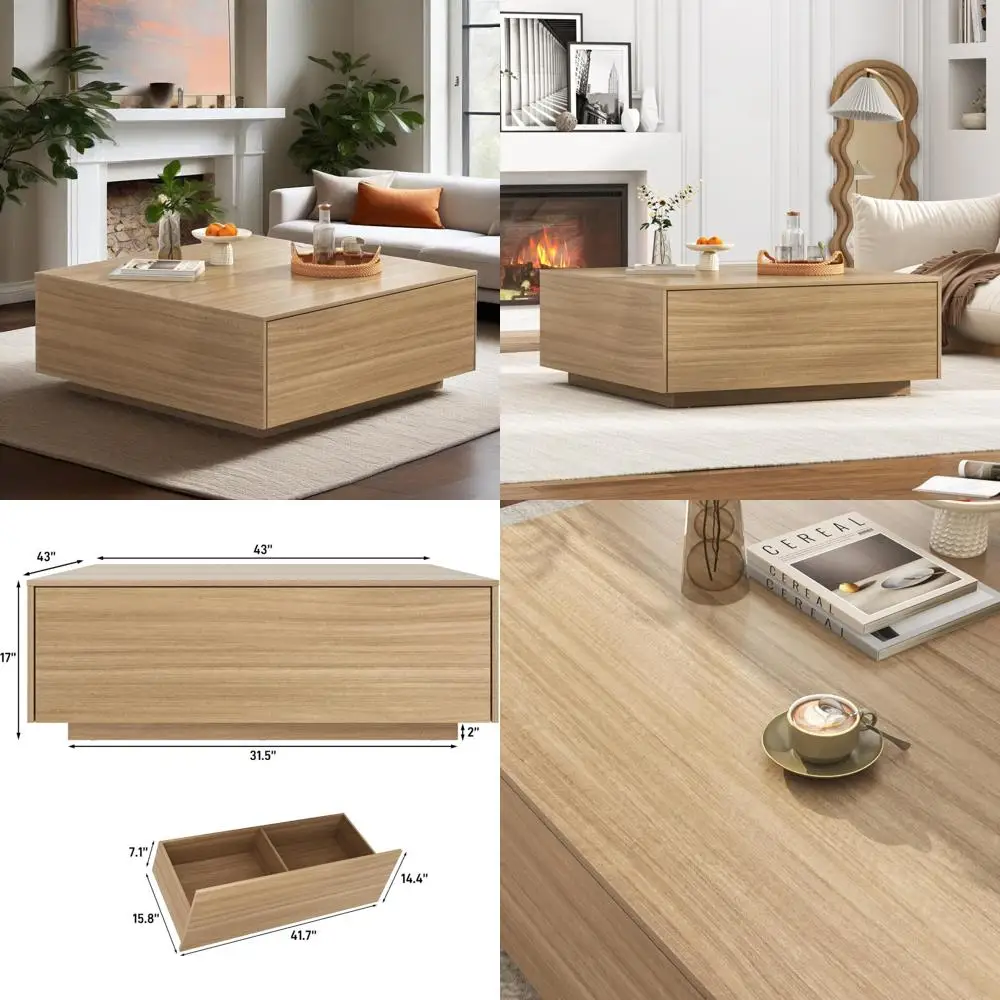 

Современный большой квадратный журнальный столик с местом для хранения вещей, 2 ящиками, подходит для гостиной, светлое дерево