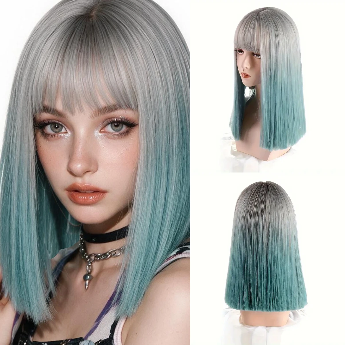 Synthetic Gradient Green Wig Ladies Long Middle Length Straight Hair with Bangs for Women Cosplay Daily Heat Resistant