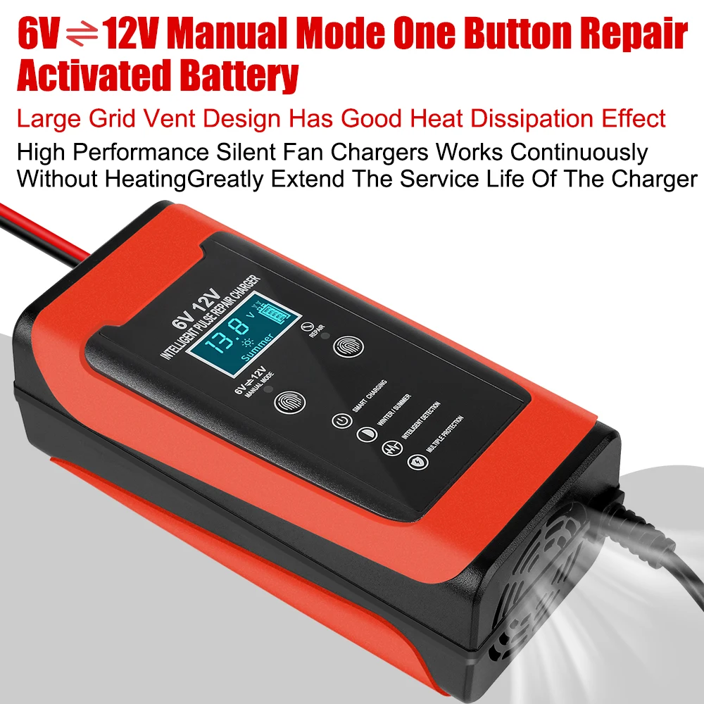 6V 12V 6A Car Battery Charger Auto Motorcycle Smart Fast Charge Pulse Repair LCD Display Cycle GEL Lead-Acid Charger