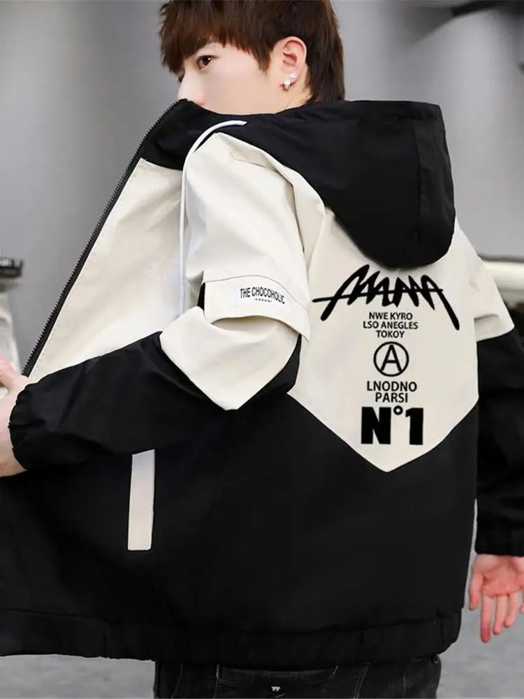 

Casual Men's Spring Autumn Color Blo Hooded Jaet 2025 New Sle Teenage ort Length Anti-Wind Polyester Fiber Coat