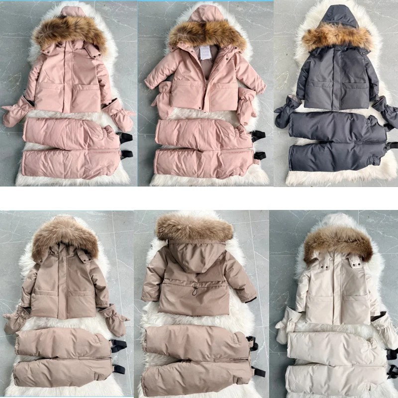 Kids Cotton Pants Set 2026 Winter New Solid Color Thickened Big Fur Collar Girls Coat Thickened and Fleece Warm Boys Ski Suit