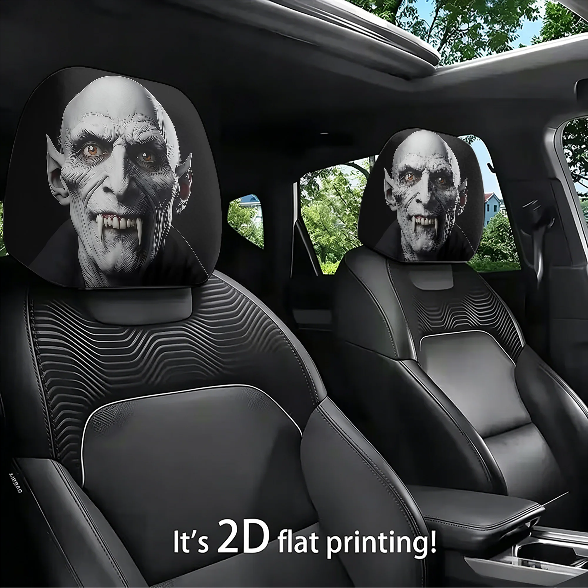 2pcs vampire-themed car headrest covers, adding a spooky atmosphere to your car’s interior. Does not include filling. Easy to in