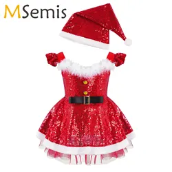 Kids Sequins Ballet Tutu Dress Christmas Costume Sleeveless Figure Skating Gymnastics Leotard Jazz Latin Performance Dancewear