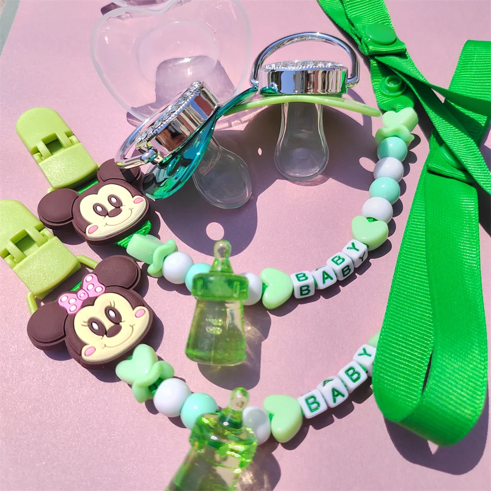 [ Clip and Lollipop] Mickey Minnie Mouse Newborns Handmade Green Pacifier Clips with Name Unique Baby Shower Gift Babi Soother