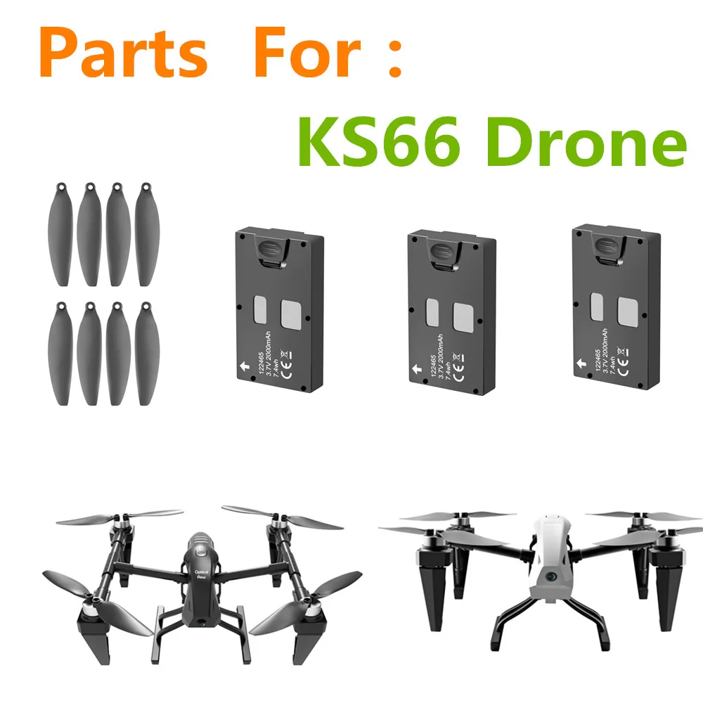 KS66 Drone Battery Accessories, 3.7V, 2000mAh, Hélice Blade, Quadcopter, Peças sobressalentes originais