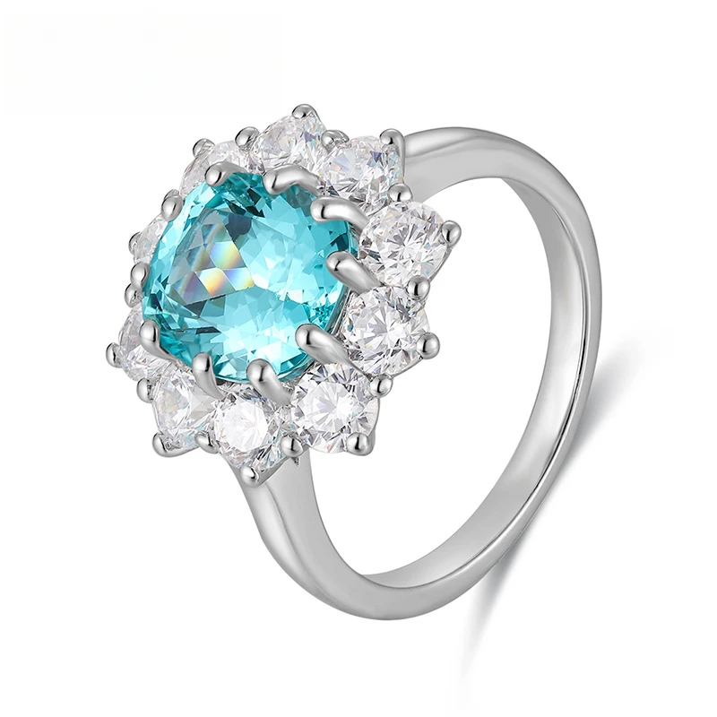 Flower Design Lab Grown Paraiba Tourmaline Cushion Cut Approx 4.6ct Gemstones Silver Ring For Women Luxury Jewelry