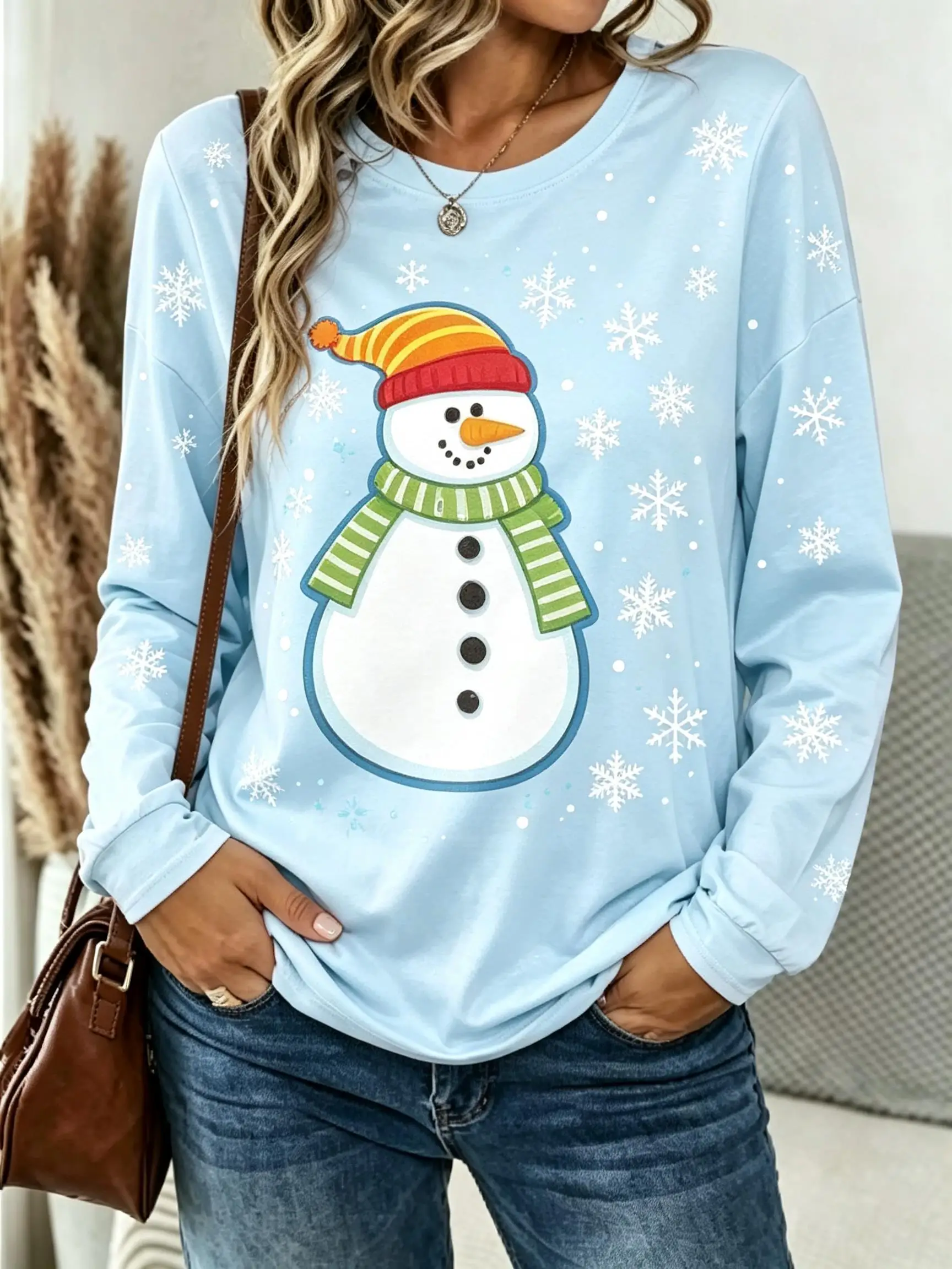 Women Long Sleeve Tee Top Christmas Snowman Snowflake Print Autumn Fashion Casual Round Neck Sweatshirt Women's Clothes