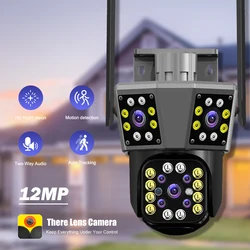 12MP 6K WIFI IP Outdoor Camera Motion Tracking PTZ 4K Video Camera Three Lens Three Screen Waterproof Security System