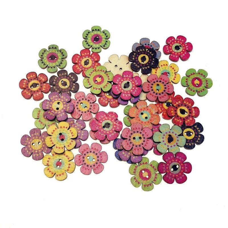 50 Uds. Botones de madera de 20mm colores mezclados 2 agujeros botones decorativos en forma de flor, botones de madera para pintura de flores