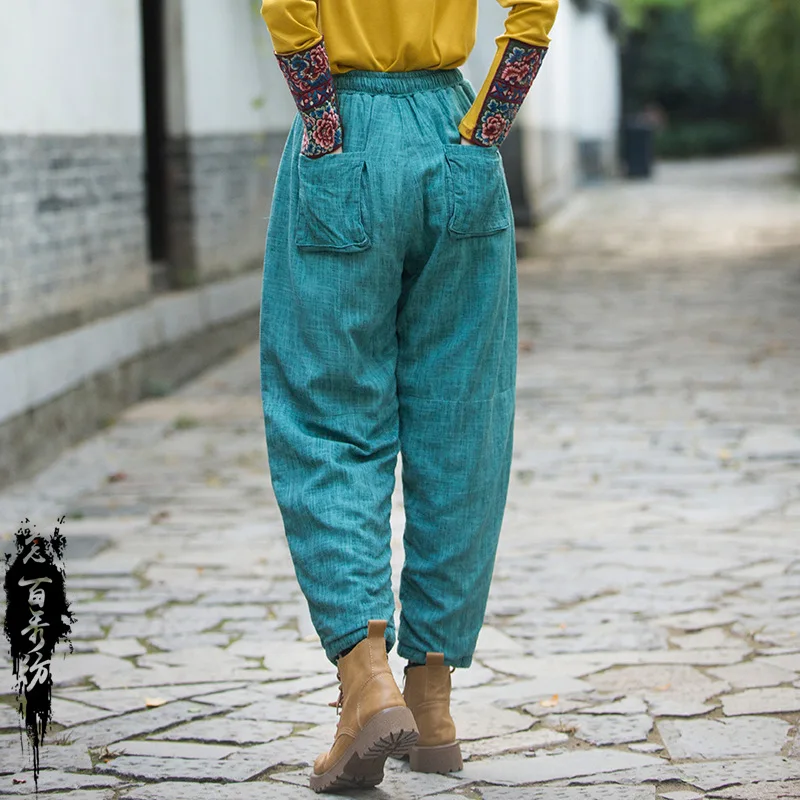 Winter Cotton and Linen Women's Clothing New Fried Color Distressed Padded Thickened Warm Loose Youthful-Looking Baggy Pants