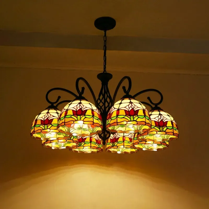 ELARA Tiffany European Living Room PendantLamp Vintage Creative Color Glass restaurant Bedroom Hotel Chandelier