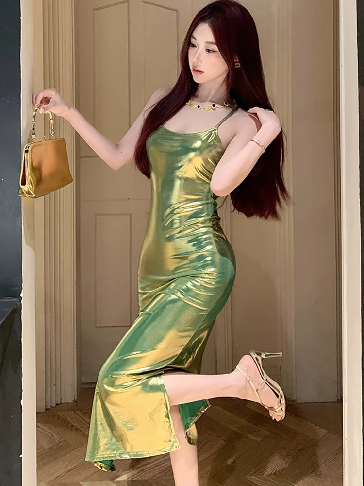 Summer Green Bodycon Hip Wrap Sexy Dress Women Elegant Chic Solid Sling Long Dress 2024 Korean Vintage Luxury Dance Party Dress