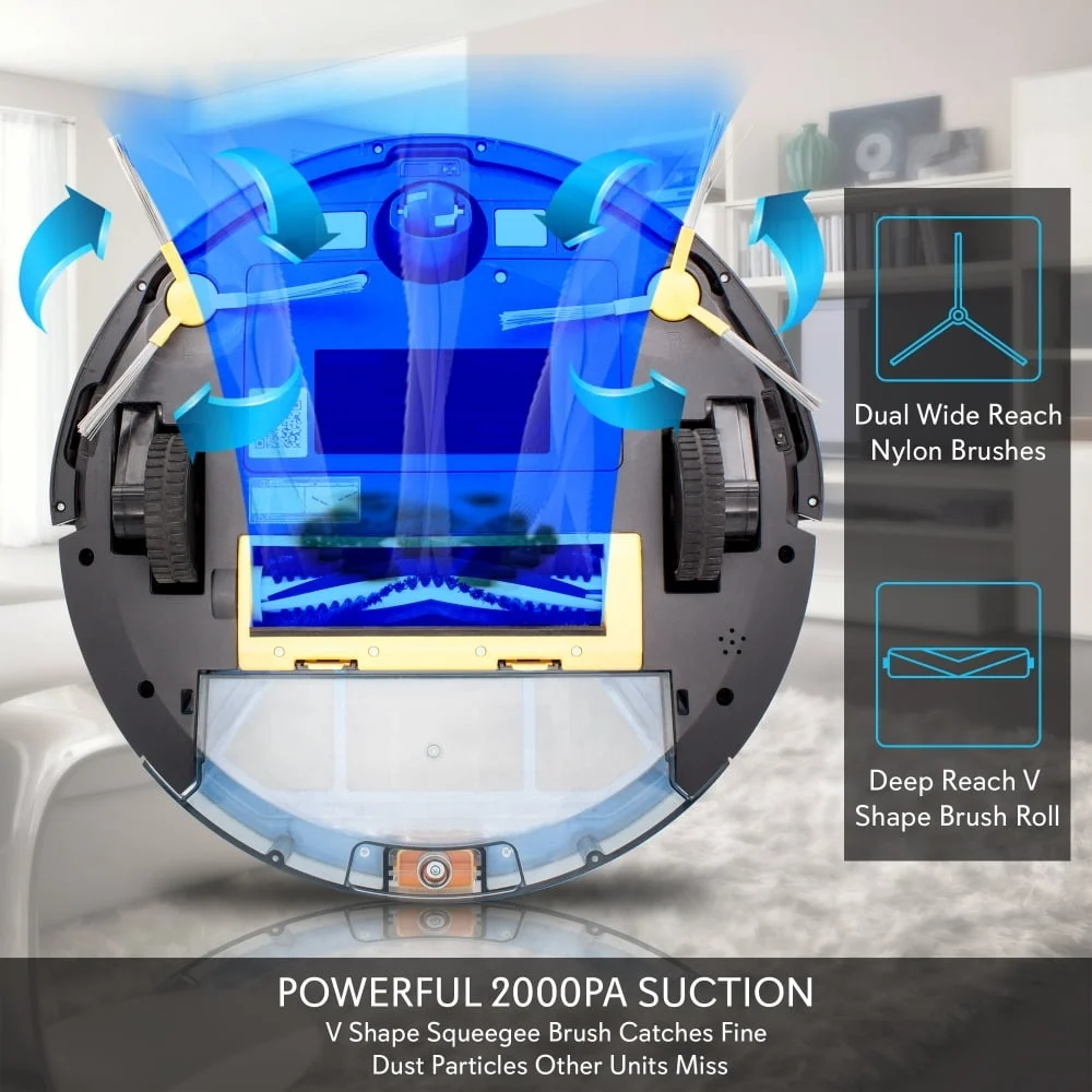 Smart Robot Vacuum Cleaner Gyroscope Navigation Mobile App Control Low Profile Design HEPA Filter Pet Friendly Anti-Collision