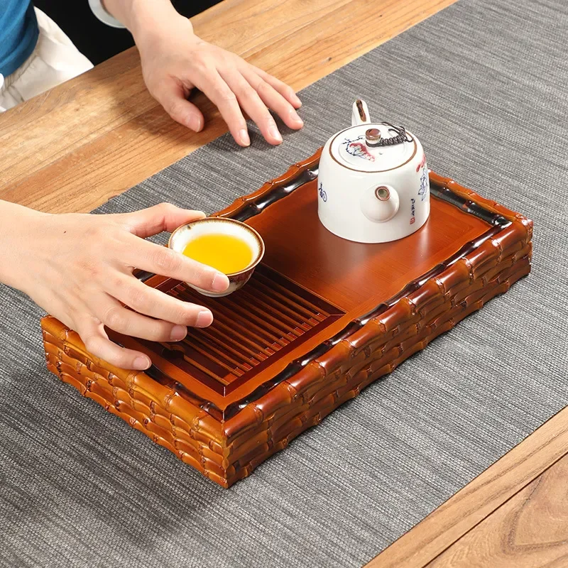 Retro Bamboo Tea Tray with Water Storage Handmade Dry Brewing Table for Kung Fu Tea Set Household Living Room Decor Pot