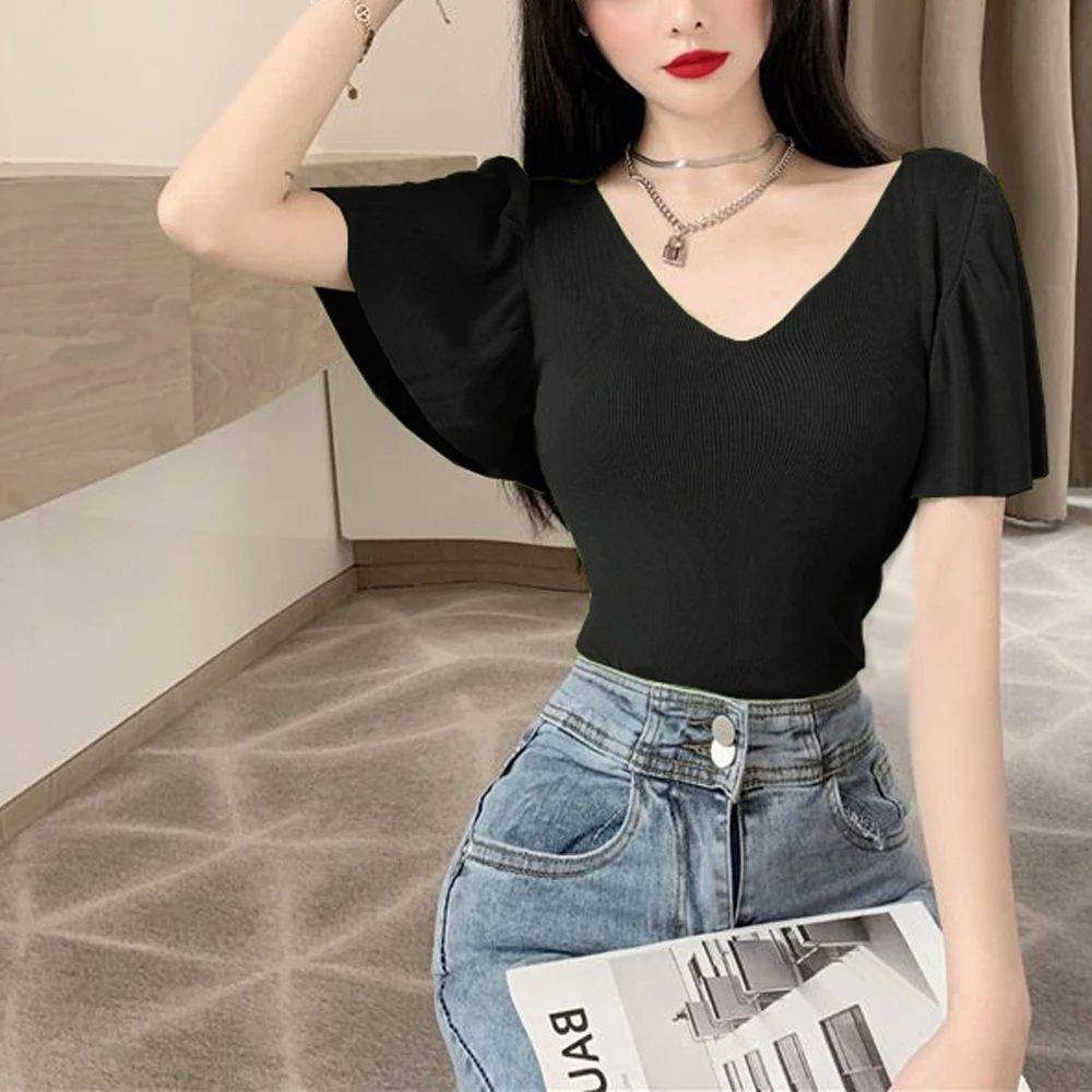 

Women Short Sleeve V-Neck Knitted T Shirt Girl S-XL Petal Sleeve Sweater Pink Green Tees Sweet Female Fashion Ruffle Edge Tops