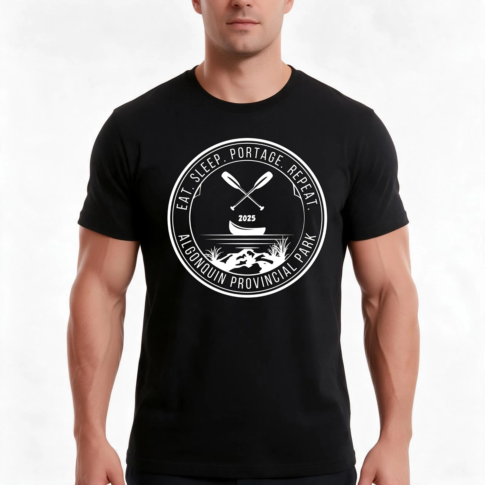 Algonquin Eat Sleep Portage Repeat White T-Shirt, Summer Casual Cotton Tee, Oversized Streetwear Tops, Vintage Graphic Print