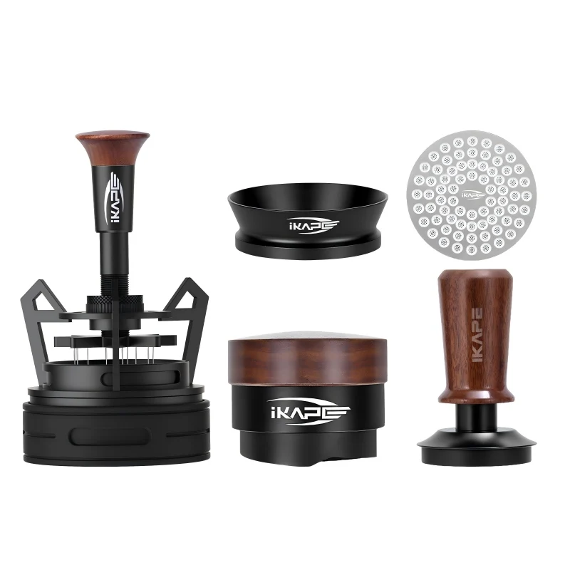 IKAPE Wood Espresso Tool Kit 51MM/53.3MM/58.35MM -5 Piece Set Includes Tamper,Distributor,WDT Tool,Puck Screen,Dosing Funnel