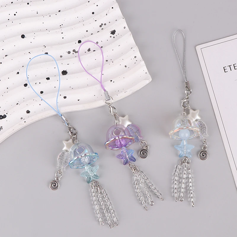 1PC Y2K Jellyfish Phone Charm Keychain Crystal Star Pearl Mobile Phone Chain Unique Fringe Phone Lanyard For Women Girls