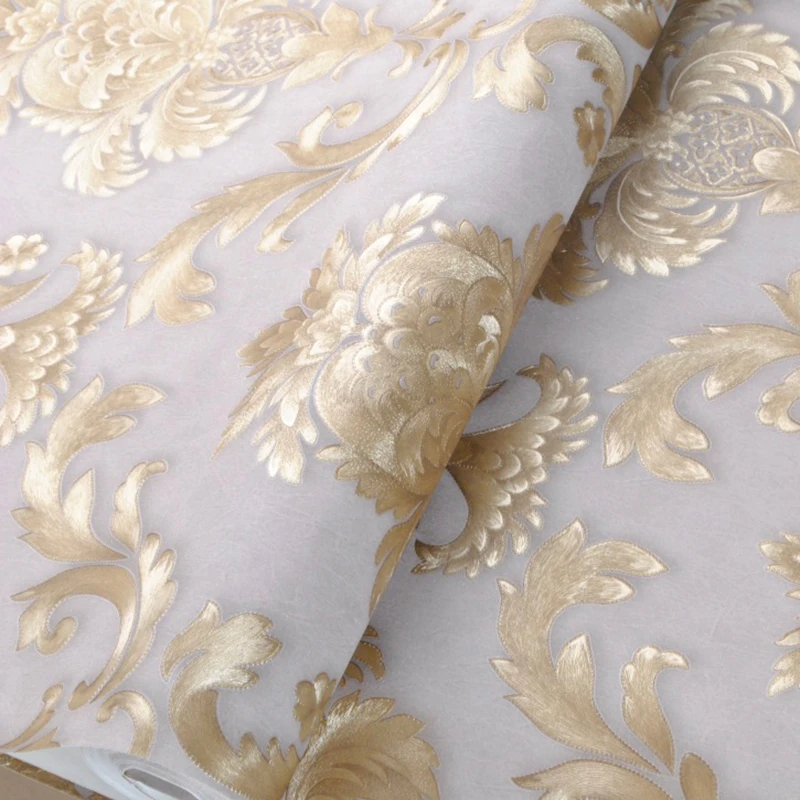 Beige-grey Gold Textured Luxury Classic 3D Damask Wallpaper Bedroom Living Room Home Decor Waterproof Vinyl PVC Wall Paper Roll