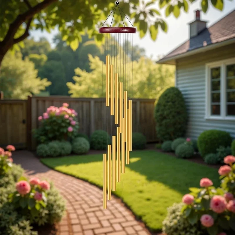 Tuned Aluminum Wind Chime with 12 Graduated Tubes, Solid Wood Cap, Elegant Metal Hanging Decoration for Walls