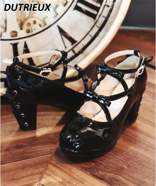 Summer Autumn Women's Shoes Japanese-Style Retro Court with Bow Lolita Shoes 2023 New Ankle-Strap High Heel Mary Jane Shoes