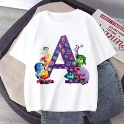 Disney Inside Out 2 T-shirt Children Letter A-Z Clothes Fashion Top Clothing New White Cartoon Short Sleeve Summer Tee Kids Gift