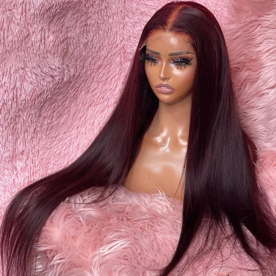 99j Soft 26“ Long 180Density Burgundy Straight Lace Front Wig For Black Women BabyHair Synthetic Heat Resistant Preplucked Daily