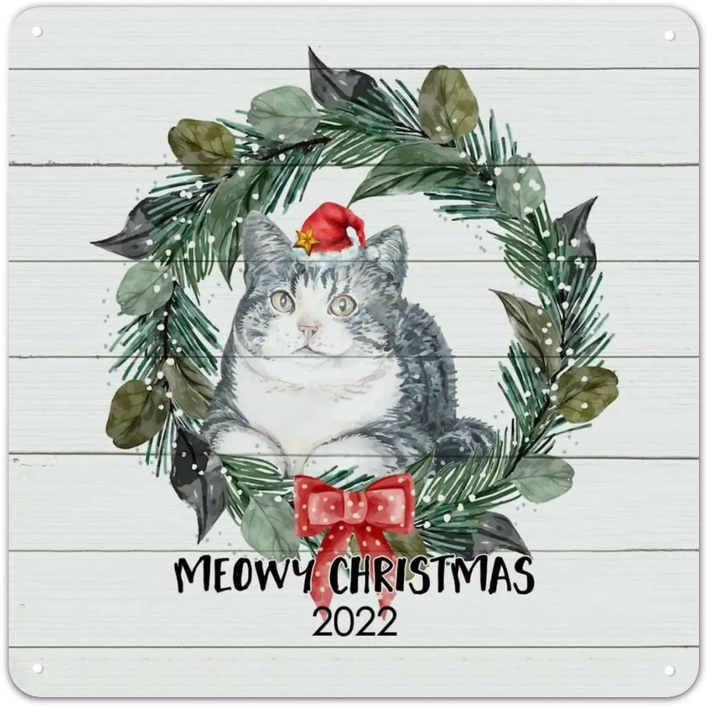 Meowy Christmas Cat Tin Sign Christmas Jesus Metal Wall Art Animal Lover 12x12in Weatherproof French Vintage Wall Plaque