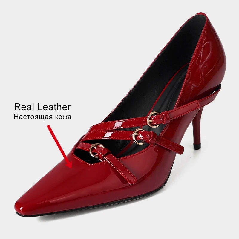 JOZHAMTA Size 34-39 Women Red Pumps Real Leather Buckle Strap Stiletto High Heels Shoes 2025 Ins Party Office Lady Elegant Dress